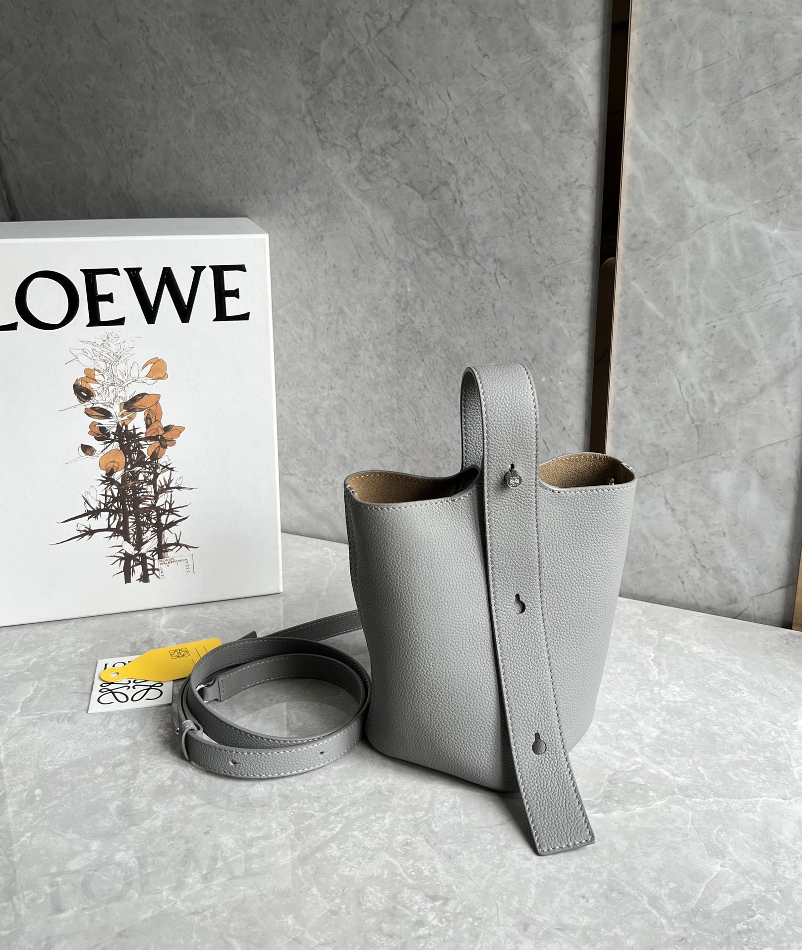 Loewe Mini Pebble Bucket Bag in Soft Grained Calfskin Grey